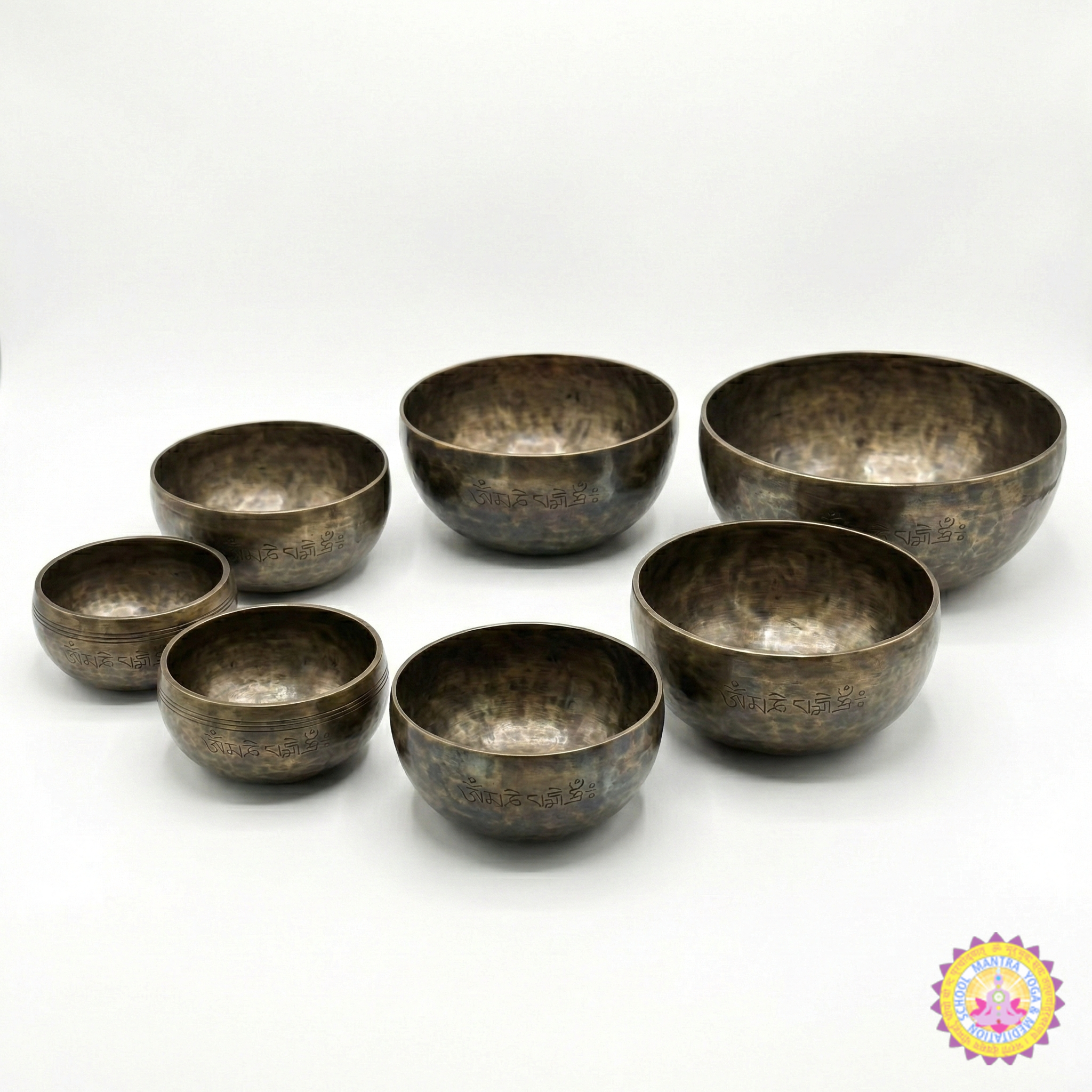 7-Piece Full Moon Metal Singing Chakra Bowl Set - Front view with all 7 bowls